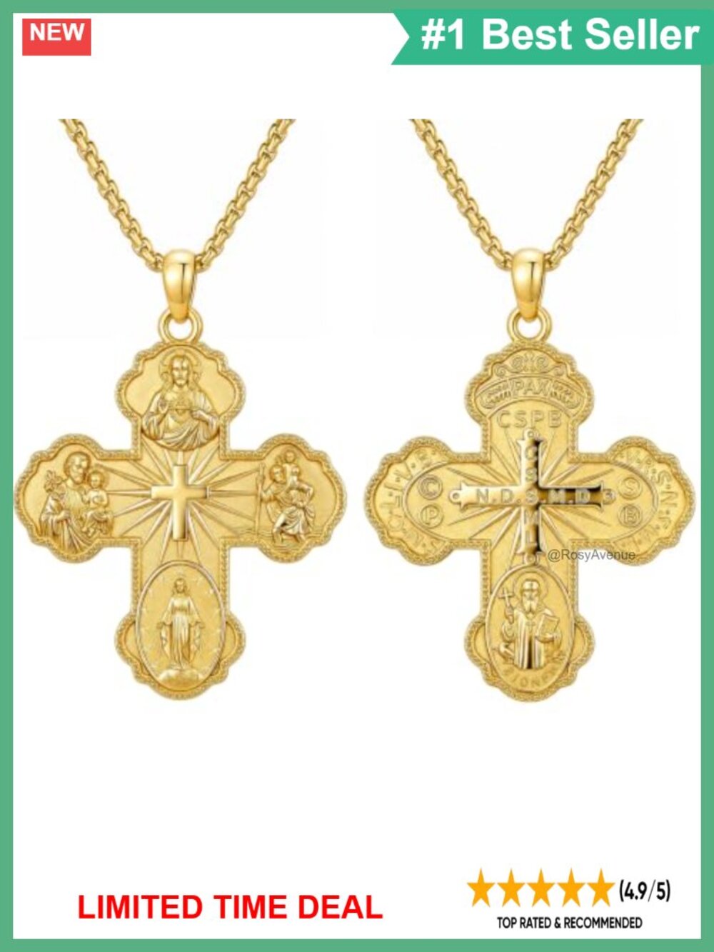 14K Gold Plated Four Way Cross Medal Necklace 22+2" Adjustable Chain